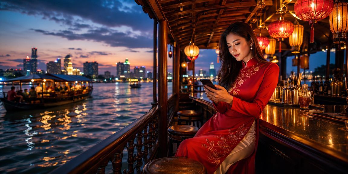 Người phụ nữ mặc áo dài Sài Gòn kiểm tra khuyến mãi VIP và bonus trên ứng dụng 1zone